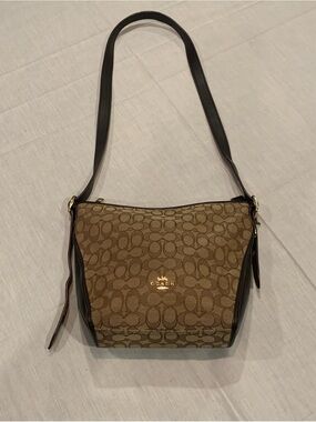 Coach Small Dufflette in Signature Jacquard with khaki and brown leather details